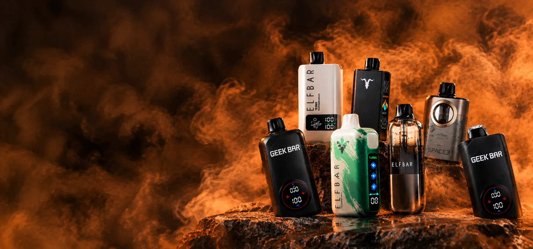 Dispositivos Elfbar, Ignite, Geek Bar y Avotx sobre rocas, con humo naranja
